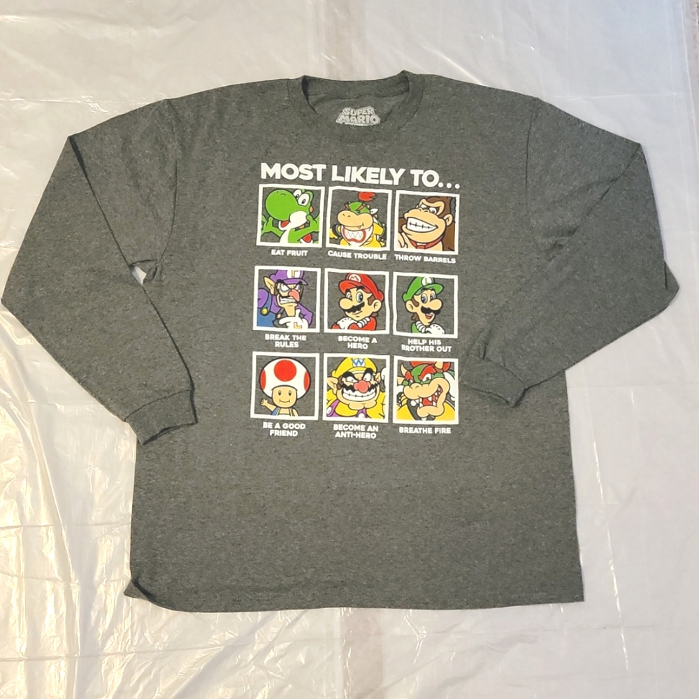 Classic Video game Super Mario Nintendo Men's long sleeve gray shirt men's large